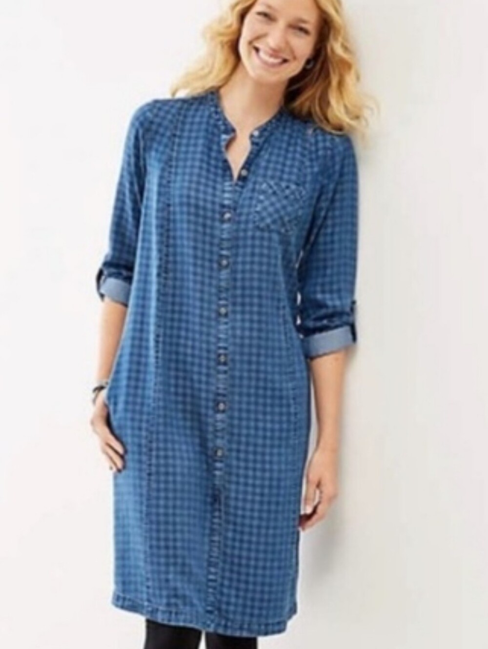 J. Jill Blue Denim Indigo Checked Button-Front Midi Dress With Pockets